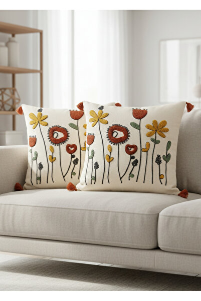 Destiva Home Buldan İşi Flower Punch Embroidery Patterned Red Tasseled 2 Piece Throw Pillow Cover (42X 42 cm)