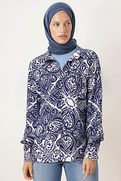 armonika Women's Navy Blue-White Patterned Long Sleeve Hijab Shirt Arm-26K001070