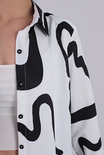 armonika Women's White-Black Patterned Long Sleeve Hijab Shirt Arm-26K001071