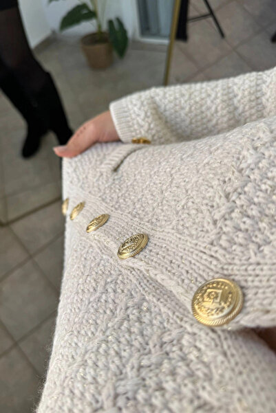 Kubos Moda Gold Button Detail Pocketed Ecru Cardigan