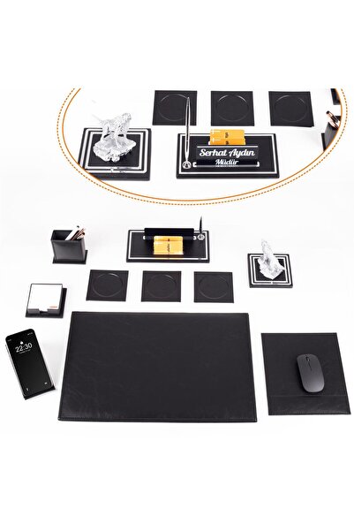 Ofistike Opta 10 Parça Kurt Biblolu Siyah Deri Sümen Seti Takımı Gümüş Kalem ...