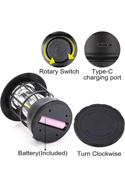 NEONI Rechargeable Portable LED Camping Lantern - Vintage Hanging Tabletop Light (Black)