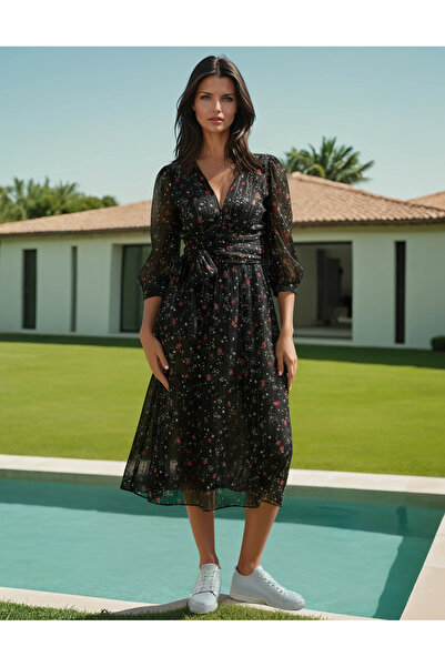 Vessmary VSM1027 black veil day dress with Printed