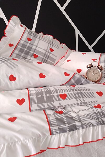 GÖRMEZ TEKSTİL Love Check - Red Double Size Ornate Stitched Ruffle Bedding Set Natural Cotton