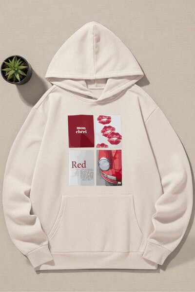 uyguntarz Unisex Red Mon Cheri Printed Hooded Sweatshirt