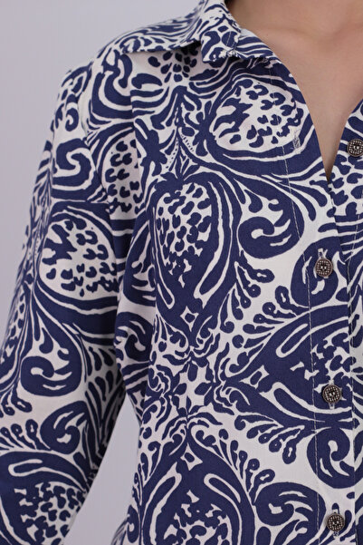 armonika Women's Navy Blue-White Patterned Long Sleeve Hijab Shirt Arm-26K001070
