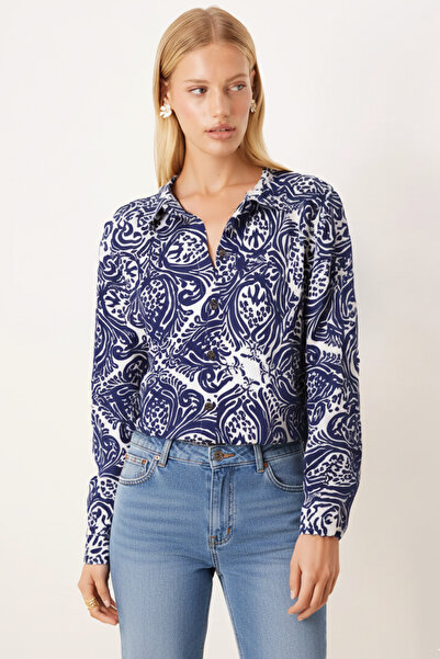 armonika Women's Navy Blue-White Patterned Long Sleeve Hijab Shirt Arm-26K001070