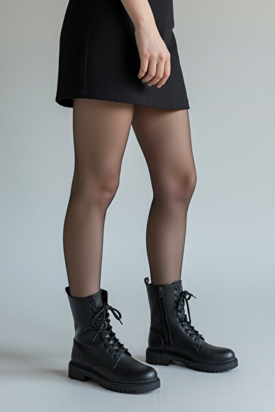 Adım Dünyası Cizme de damă din shearling negre – Talpă cu zăbrele Căptușeală caldă Cizme de iarnă Talpă interioară din piele Talpă confortabilă