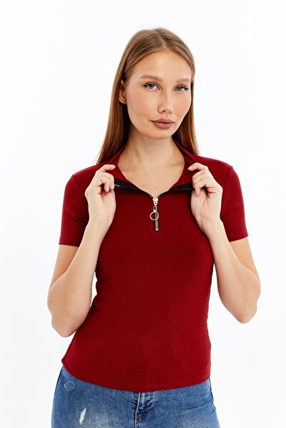 Maison La Femme Women's short sleeve half zip Slim Fit t-shirt