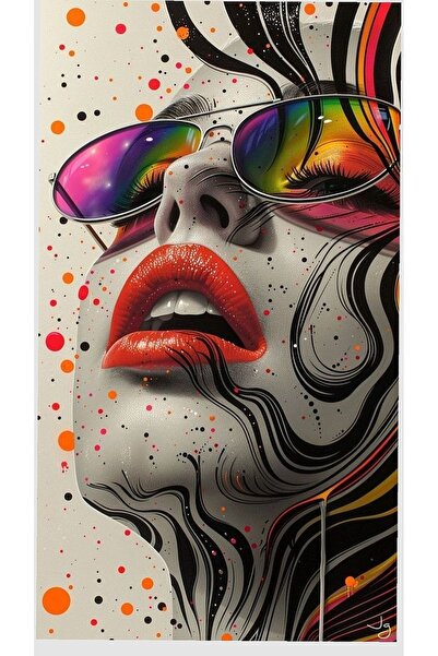 BLT DİZAYN Pop Art Glass Painting with Colorful Glasses and Red Lips Design – Trendy Living Room Decor