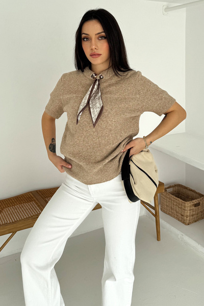 Noa Noa Women's Short Sleeve Scarf Detailed Knitwear Sweater – Soft Elegance