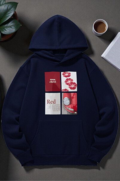 uyguntarz Unisex Red Mon Cheri Printed Hooded Sweatshirt