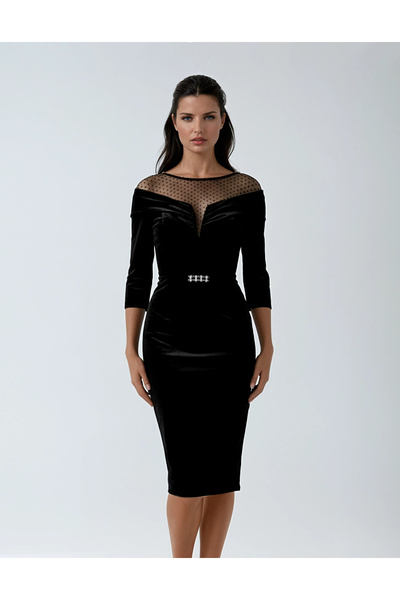Vessmary Occasion dress VSM963A in black velvet with tulle and polka dots
