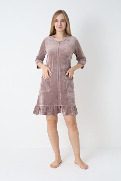 ROMEO LİFE Γυναικείο χειμερινό φόρεμα από βαμβακερό βελούδο με φερμουάρ / βιζόν - 3719