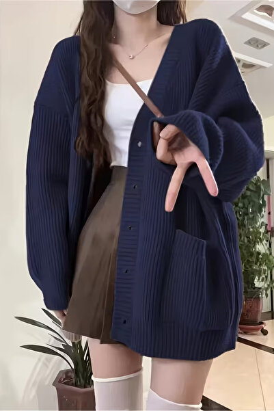 COOL TARZ سترة تريكو نسائية ذات قصة فضفاضة جيوب وأزرار ورقبة على شكل حرف V