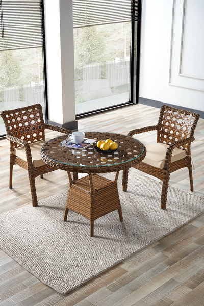 Evdemo Ayaz 2 Kişilik Rattan Bahçe Balkon Mutfak Masa Takımı Kahve