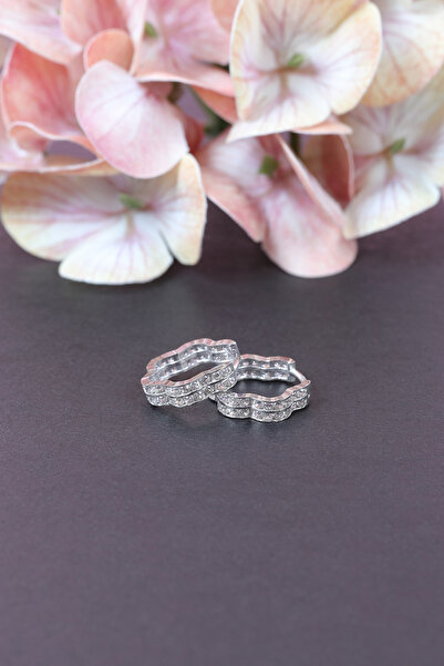 HECHAM GÜMÜŞ Gümüş Küpe Çiçek Çift Sıra Taşlı 925 Ayar 14,5 X 15,5 mm