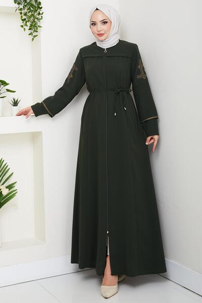 hafsamina Lace-Up Sleeve Embroidered Ferace Khaki Hm2854