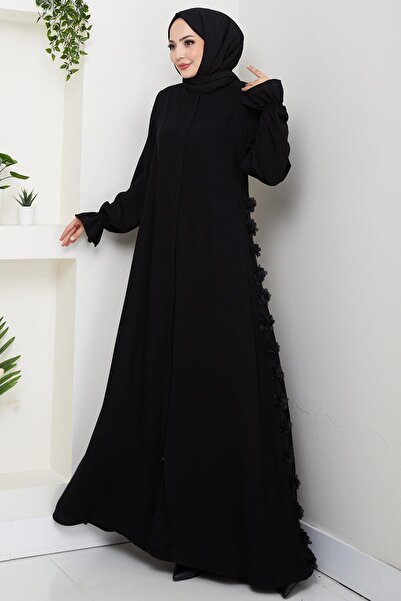 hafsamina Floral Detailed Ferace with Flared Sleeves Black Hm2855