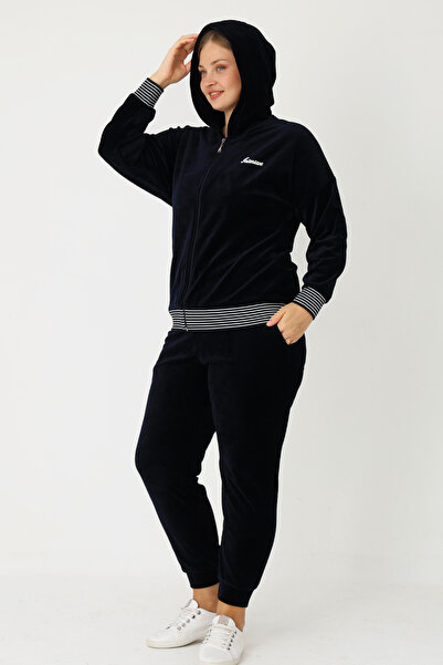 İntensive Navy Blue Zippered Hooded Cotton Velvet Long Sleeve Printed Pocket Women's Plus Size Tracksuit Set