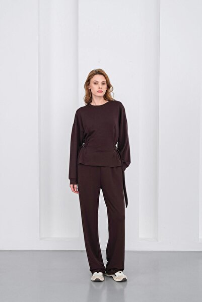 Basicpark Coffee Women's Soft Textured Premium Modal Turtleneck Asymmetric Cut Bottom-Top Set