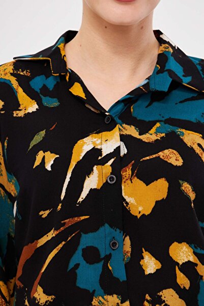 armonika Women's Black-Yellow Patterned Long Sleeve Hijab Shirt Arm-26K001072