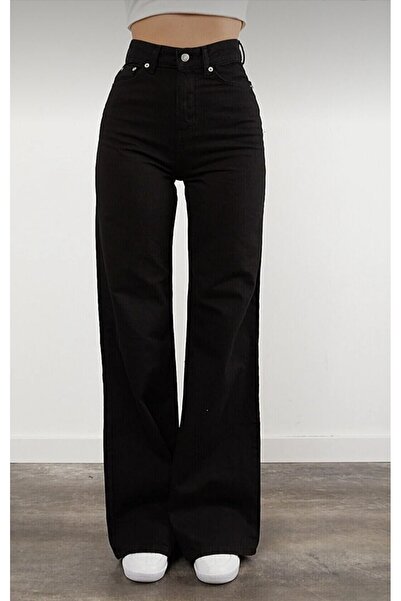 MRİABE Palazzo Siyah Solmaz Yüksek Bel Esnek Bol Paça Kot Pantolon