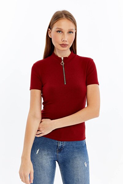 Maison La Femme Women's short sleeve half zip Slim Fit t-shirt