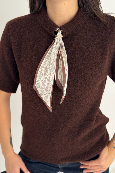 Noa Noa Women's Short Sleeve Scarf Detailed Knitwear Sweater – Soft Elegance