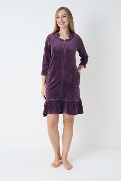 ROMEO LİFE Women's Cotton Velvet Zippered Winter Dress 3717