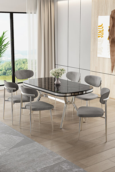 Canisa Olya Serisi 90x168 Lak Panel Sonata Masa Takımı Krom Ayaklı 6 Gri Sand...