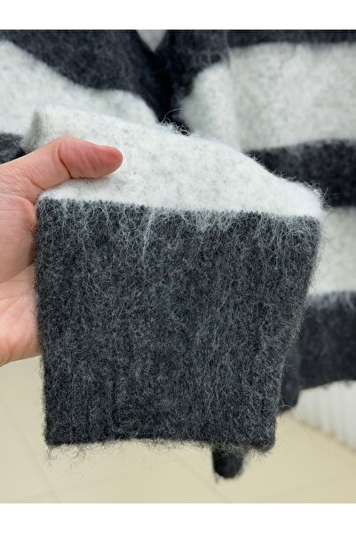 MİHRA STORE Fhiona Thick Striped Bearded Sweater-Zi̇7029 Anthracite