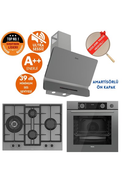 Ferre FryArt&SilentArt-SteamArt BT Sessiz Antrasit Gri Ankastre Set (D082-SA+XE64CPR+ED078-WFA wok)