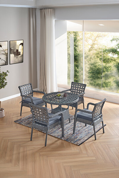 Evdemo Ayaz 4 Kişilik Rattan Bahçe Balkon Mutfak Masa Takımı Gri