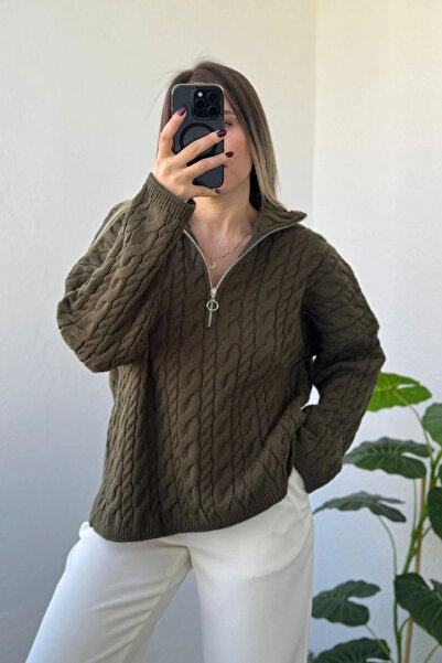 Kubos Moda Zippered Knitted Pattern Relaxed Fit Khaki Sweater