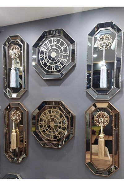 Amisos Dekor 8 Gen 3’lü Püsküllü Saat Takımı – Gold Çerçeve Bronz Ayna