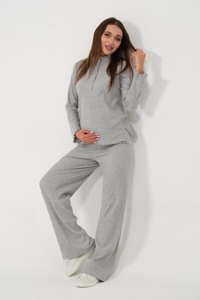 BUSA Maternity Lapel Buttoned High Waist Corded Fabric Two-Piece Suit Gray