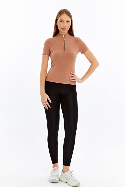 Maison La Femme Women's short sleeve half zip Slim Fit t-shirt