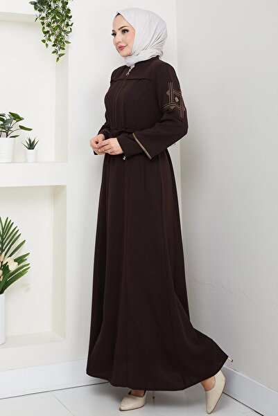 hafsamina Lace-Up Sleeve Embroidered Ferace Brown Hm2854