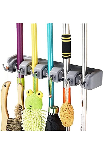 SKY TOUCH SKY-TOUCH Mop and Broom Holder Wall-Mounted Organizer, 5 Slots with 6 Hooks