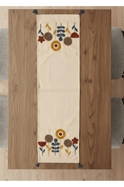 Destiva Home Buldan Handcrafted Floral Pattern Embroidered Gray Tasseled Cotton Runner (40X130 cm)