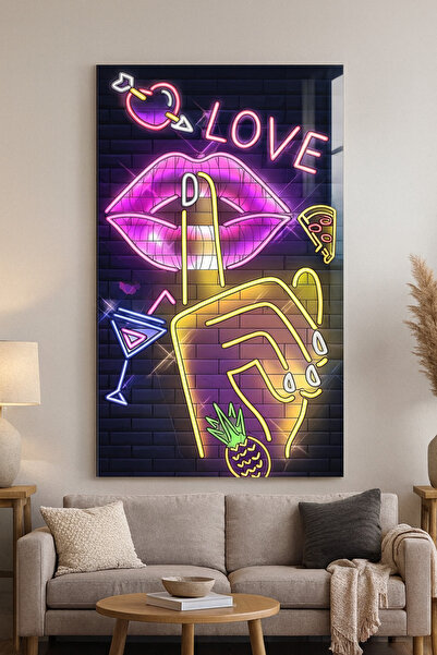 BLT DİZAYN Colorful Neon Lip and Hand Gesture Glass Painting – Frameless Modern Design