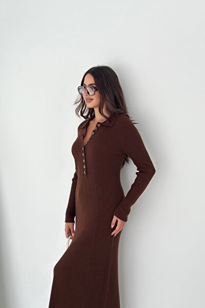 Noi Belis Maxi Boy Half Placket Button Detailed Knitwear Dress Aw25El0022