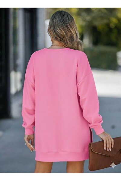 Afri Women's Oversized Sweatshirt Side Zipper Detailed Long Sleeve Pink Tunic