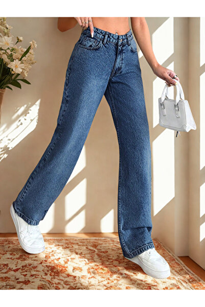 Modanewnice بنطلون نسائي بخصر منخفض وأرجل واسعة بتصميم عتيق