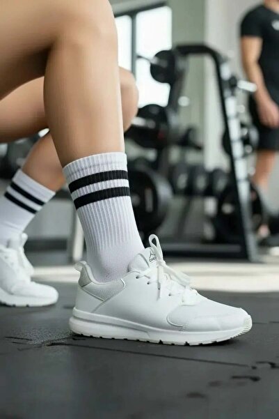 CANMODA Бели спортни чорапи с мотиви и две черни ивици