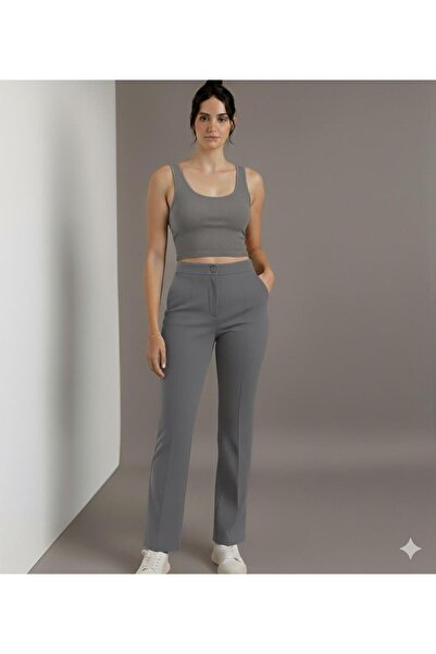 FERRY BUTİK Women's High-Waisted Ribbed Stitching Spanish Flare High-Quality Palazzo Pants