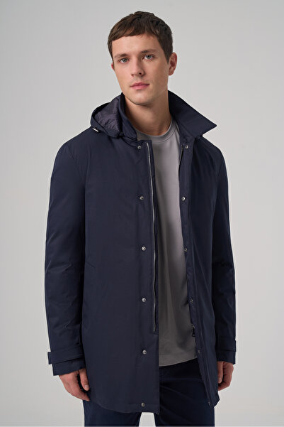 Morven Men's Navy Blue Trendy Hooded Collar Long Coat