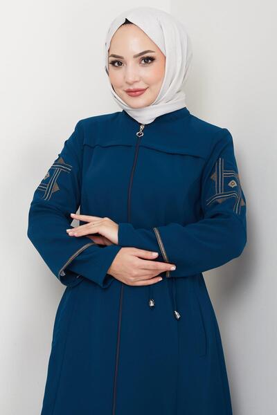 hafsamina Lace-Up Sleeve Embroidered Ferace Petrol Hm2854