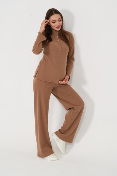 BUSA Maternity Lapel Buttoned High Waist Corded Fabric Two-Piece Suit Brown